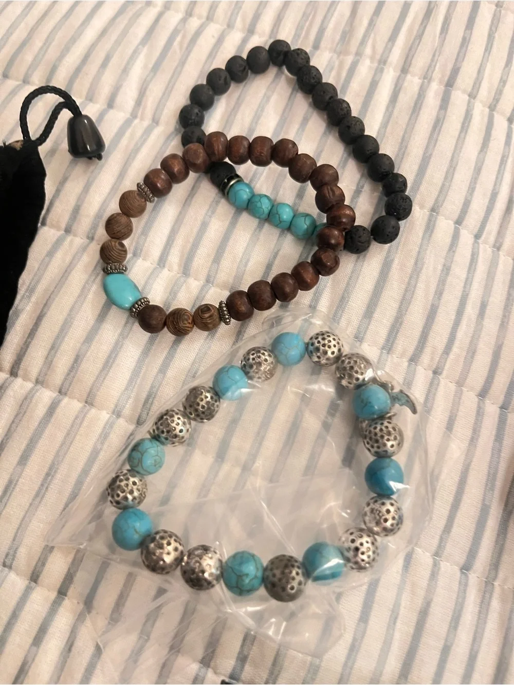 3 Turquoise, Black & Brown Beaded Stackable Bracelet Set all 3 for 1 8 inches